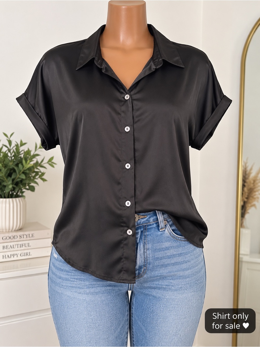 Classic Black Button-Front Satin Shirt - Women